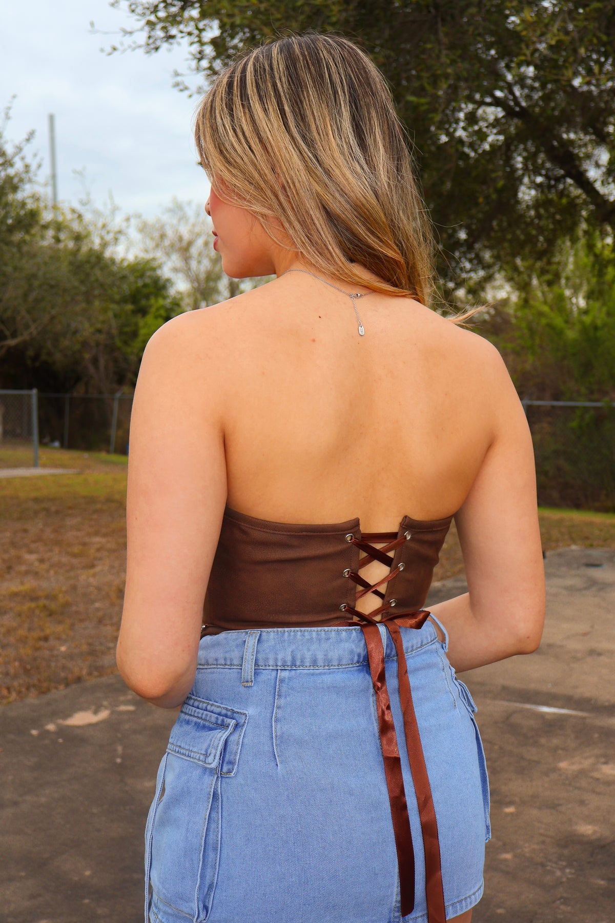 Brown leather belt corset top