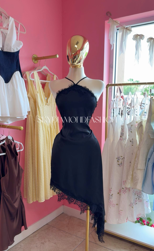 Black asymmetrical lace dress