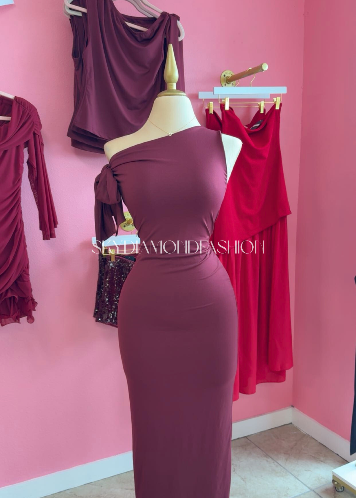 Burgundy long knot side dress