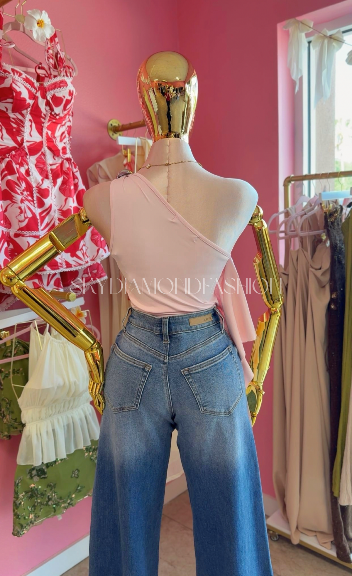 Baby pink asymmetrical top (silver decal)